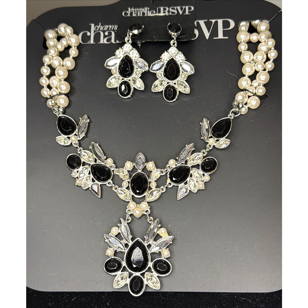 Charming Charlie NWT Necklace & Pierced Earrings Set Silver Tone Black Opal Pear